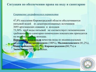 Ситуация по обеспечению права на воду и санитарию
.
Сокращение географического неравенства
47,8% населения Кировоградской области обеспечиваются
питьевой водой из децентрализованных источников
3693 артезианских скважин и колодцев
73,36% проб воды питьевой не соответствует гигиеническим
требованиям по санитарно-химическим показателям приходится
на индивидуальные колодцы.
Наихудшие показатели качества воды из индивидуальных
колодцев в Новгородковском (100%), Маловисковского (81,2%),
Новоукраинском (81,2%), Кировоградском (80,7%) и
Знаменском (57,9%) районах.
 