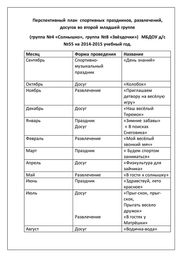 План музыкальных досугов и развлечений в доу на учебный год