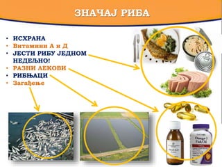 ЗНАЧАЈ РИБА
• ИСХРАНА
• Витамини А и Д
• ЈЕСТИ РИБУ ЈЕДНОМ
НЕДЕЉНО!
• РАЗНИ ЛЕКОВИ
• РИБЊАЦИ
• Загађење
 