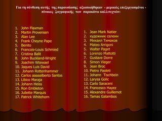 1. John Flaxman
2. Martin Provensen
3. Alan Lee
4. Frank Cheyne Pape
5. Benito
6. Francois-Louis Schmied
7. Cristina Balit
8. John Buckland-Wright
9. Joachim Wtewael
10. Jaques Luis David
11. Johann Rottenhammer
12. Carlos aaaaalberto Santos
13. Libico Maraja
14. Johann Heiss
15. Ron Embleton
16. Juliette Marquis
17. Patrick Whitehorn
1. Jean Mark Natier
2. художник салеин
3. Михаил Тимаков
4. Mateo Arrigoni
5. Walter Paget
6. Lorenzo Mattotti
7. Gustave Dorre
8. Simon Vieger
9. Jean Broc
10. Pietro Paoleti
11. Johann Tischbein
12. Larysa Golic
13. Carlo Saraceni
14. Francesco Hayez
15. Alexandre Guillemot
16. Tamas Galambos
Για τη σύνθεση αυτής της παρουσίασης αξιοποιήθηκαν - μερικώς επεξεργασμένοι -
πίνακες ζωγραφικής των παρακάτω καλλιτεχνών:
 