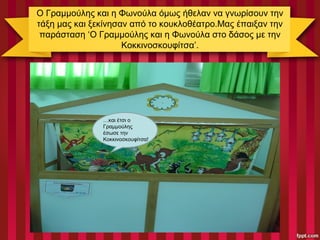 Ο Γραμμούλης και η Φωνούλα όμως ήθελαν να γνωρίσουν την
τάξη μας και ξεκίνησαν από το κουκλοθέατρο.Μας έπαιξαν την
παράσταση ‘Ο Γραμμούλης και η Φωνούλα στο δάσος με την
Κοκκινοσκουφίτσα’.
…και έτσι ο
Γραμμούλης
έσωσε την
Κοκκινοσκουφίτσα!
 