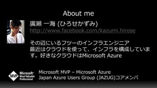 廣瀬 一海 (ひろせかずみ)
http://www.facebook.com/kazumi.hirose
その辺にいるフツーのインフラエンジニア
最近はクラウドを使って、インフラを構成していま
す。好きなクラウドはMicrosoft Azure
Microsoft MVP – Microsoft Azure
Japan Azure Users Group (JAZUG)コアメンバ
 