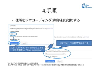 4.手順
• 住所をジオコーディング(緯度経度変換)する
①ジオコーディングするカラムである
ことを確認し、”Begin geocoding”
②ジオコードの進捗が表示される
ジオコーディングの処理速度は3〜4件/秒が目安
個人アカウントの場合、1IPからのリクエストリミットは15000件/⽇（使⽤時には必ず最新の利⽤規約を確認して下さい）
 