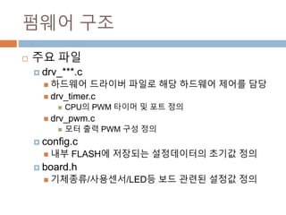 ??? ??
? ?? ??
? drv_***.c
? ???? ???? ??? ?? ???? ??? ??
? drv_timer.c
? CPU? PWM ??? ? ?? ??
? drv_pwm.c
? ?? ?? PWM ?? ??
? config.c
? ?? FLASH? ???? ?????? ??? ??
? board.h
? ????/????/LED? ?? ??? ??? ??
 