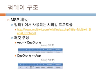 ??? ??
? MSP ??
? ????? ???? ??? ????
? http://www.multiwii.com/wiki/index.php?title=Multiwii_Seri
al_Protocol
? ?? ??
? App -> CupDrone
? CupDrone -> App
 
