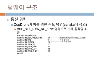 ??? ??
? ?? ??
? CupDrone??? ?? ?? ??(serial.c? ??)
? MSP_SET_RAW_RC_TINY ???? ?? ??? ??
#if defined(SKYROVER)
#define MSP_SET_RAW_RC_TINY 150
#define MSP_ARM 151
#define MSP_DISARM 152
#define MSP_TRIM_UP 153
#define MSP_TRIM_DOWN 154
#define MSP_TRIM_LEFT 155
#define MSP_TRIM_RIGHT 156
#endif
Roll/Pitch/Yaw/Throttle/Aux ??
?? ???
?? ????
 