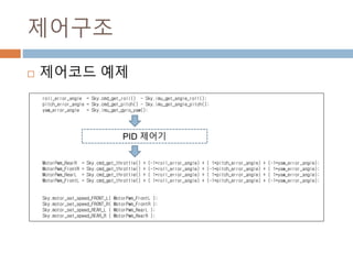 ????
? ???? ??
roll_error_angle = Sky.cmd_get_roll() - Sky.imu_get_angle_roll();
pitch_error_angle = Sky.cmd_get_pitch() - Sky.imu_get_angle_pitch();
yaw_error_angle = Sky.imu_get_gyro_yaw();
MotorPwm_RearR = Sky.cmd_get_throttle() + (-1*roll_error_angle) + ( 1*pitch_error_angle) + (-1*yaw_error_angle);
MotorPwm_FrontR = Sky.cmd_get_throttle() + (-1*roll_error_angle) + (-1*pitch_error_angle) + ( 1*yaw_error_angle);
MotorPwm_RearL = Sky.cmd_get_throttle() + ( 1*roll_error_angle) + ( 1*pitch_error_angle) + ( 1*yaw_error_angle);
MotorPwm_FrontL = Sky.cmd_get_throttle() + ( 1*roll_error_angle) + (-1*pitch_error_angle) + (-1*yaw_error_angle);
Sky.motor_set_speed_FRONT_L( MotorPwm_FrontL );
Sky.motor_set_speed_FRONT_R( MotorPwm_FrontR );
Sky.motor_set_speed_REAR_L ( MotorPwm_RearL );
Sky.motor_set_speed_REAR_R ( MotorPwm_RearR );
PID ???
 