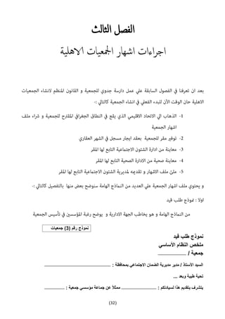 (32)
‫الفصل‬‫ثالث‬‫ل‬‫ا‬
‫ية‬‫هل‬‫الا‬ ‫يات‬‫مجلع‬‫ا‬ ‫اشهار‬ ‫اءات‬‫ر‬‫اج‬
( ‫رقم‬ ‫نموذج‬3‫جمعيات‬ )
‫قيد‬ ‫طلب‬ ‫نموذج‬
‫األساسي‬ ‫النظام‬ ‫ملخص‬
/ ‫جمعية‬‫ــــــــــــــــــــــــــــــــــ‬‫ـــــــــــ‬
: ‫بمحافظة‬ ‫االجتماعي‬ ‫الضمان‬ ‫مديرية‬ ‫مدير‬ / ‫األستاذ‬ ‫السيد‬‫ــــــــــــــــــــــــــــــــــــــــــــــــــــــــــــــــــــــــــــــــــــــــــــــــــــــــــ‬
... ‫وبعد‬ ‫طيبة‬ ‫تحية‬
: ‫لسيادتكم‬ ‫هذا‬ ‫بتقديم‬ ‫يتشرف‬‫ــــــــــــــــــــــــــــــــ‬‫ــــــــــــــــــــــــ‬: ‫جمعية‬ ‫مؤسسي‬ ‫جماعة‬ ‫عن‬ ً‫ال‬‫ممث‬‫ــــــــــــــــــــــــــــــــ‬
 