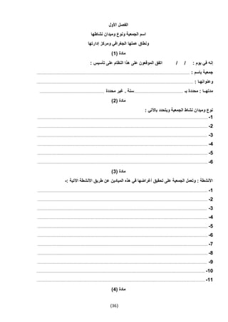 (36)
‫األول‬ ‫الفصل‬
‫نشاطها‬ ‫وميدان‬ ‫ونوع‬ ‫الجمعية‬ ‫اسم‬
‫إدارتها‬ ‫ومركز‬ ‫الجغرافي‬ ‫عملها‬ ‫ونطاق‬
( ‫مادة‬1)
: ‫يوم‬ ‫في‬ ‫إنه‬: ‫تأسيس‬ ‫على‬ ‫النظام‬ ‫هذا‬ ‫على‬ ‫الموقعون‬ ‫اتفق‬ / /
: ‫باسم‬ ‫جمعية‬....................................................................................................................................................................................
‫و‬: ‫عنوانهـا‬........................................................................................................................................................................................
‫بـ‬ ‫محددة‬ : ‫مدتهــا‬..........................................................‫محددة‬ ‫غير‬ . ‫سنة‬............................................................................
( ‫مادة‬2)
: ‫باآلتي‬ ‫ويتحدد‬ ‫الجمعية‬ ‫نشاط‬ ‫وميدان‬ ‫نوع‬
1-........................................................................................................................................................................................................
2-........................................................................................................................................................................................................
3-........................................................................................................................................................................................................
4-........................................................................................................................................................................................................
5-........................................................................................................................................................................................................
6-........................................................................................................................................................................................................
( ‫مادة‬3)
: ‫اآلتية‬ ‫األنشطة‬ ‫طريق‬ ‫عن‬ ‫الميادين‬ ‫هذه‬ ‫في‬ ‫أغراضها‬ ‫تحقيق‬ ‫على‬ ‫الجمعية‬ ‫وتعمل‬ : ‫األنشطة‬-
1-........................................................................................................................................................................................................
2-........................................................................................................................................................................................................
3-........................................................................................................................................................................................................
4-........................................................................................................................................................................................................
5-........................................................................................................................................................................................................
6-........................................................................................................................................................................................................
7-........................................................................................................................................................................................................
4-........................................................................................................................................................................................................
9-........................................................................................................................................................................................................
10-......................................................................................................................................................................................................
11-......................................................................................................................................................................................................
( ‫مادة‬4)
 