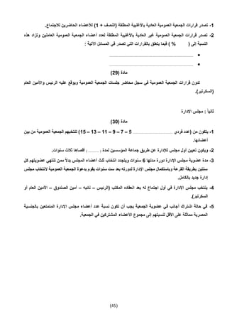(45)
1-+ ‫(النصف‬ ‫المطلقة‬ ‫باألغلبية‬ ‫العادية‬ ‫العمومية‬ ‫الجمعية‬ ‫قرارات‬ ‫تصدر‬1.‫لالجتماع‬ ‫الحاضرين‬ ‫لألعضاء‬ )
2-‫الجمعي‬ ‫أعضاء‬ ‫لعدد‬ ‫المطلقة‬ ‫باألغلبية‬ ‫العادية‬ ‫غير‬ ‫العمومية‬ ‫الجمعية‬ ‫قرارات‬ ‫تصدر‬‫هذه‬ ‫وتزاد‬ ‫العاملين‬ ‫العمومية‬ ‫ة‬
: ‫اآلتية‬ ‫المسائل‬ ‫في‬ ‫تصدر‬ ‫التي‬ ‫بالقرارات‬ ‫يتعلق‬ ‫فيما‬ ) % ( ‫إلى‬ ‫النسبة‬
...................................................................................................
...................................................................................................
( ‫مادة‬29)
‫العام‬ ‫واألمين‬ ‫الرئيس‬ ‫عليه‬ ‫ويوقع‬ ‫العمومية‬ ‫الجمعية‬ ‫جلسات‬ ‫محاضر‬ ‫سجل‬ ‫في‬ ‫العمومية‬ ‫الجمعية‬ ‫قرارات‬ ‫تدون‬
.)‫(السكرتير‬
‫اإلدارة‬ ‫مجلس‬ : ً‫ا‬‫ثاني‬
( ‫مادة‬30)
1-‫فردي‬ ‫(عدد‬ ‫من‬ ‫يتكون‬...............................................5–7–9–11–13–15‫بين‬ ‫من‬ ‫العمومية‬ ‫الجمعية‬ ‫تنتخبهم‬ )
.‫أعضائها‬
2-‫لمدة‬ ‫المؤسسين‬ ‫جماعة‬ ‫طريق‬ ‫عن‬ ‫لإلدارة‬ ‫مجلس‬ ‫أول‬ ‫تعيين‬ ‫ويكون‬) ............. (.‫سنوات‬ ‫ثالث‬ ‫أقصاها‬
3-‫مدتها‬ ‫دورة‬ ‫اإلدارة‬ ‫مجلس‬ ‫عضوية‬ ‫مدة‬6‫أعض‬ ‫ثلث‬ ‫انتخاب‬ ‫ويتجدد‬ ‫سنوات‬‫كل‬ ‫عضويتهم‬ ‫تنتهي‬ ‫ممن‬ ً‫ال‬‫بد‬ ‫المجلس‬ ‫اء‬
‫مجلس‬ ‫النتخاب‬ ‫العمومية‬ ‫الجمعية‬ ‫بدعوة‬ ‫يقوم‬ ‫سنوات‬ ‫ست‬ ‫بعد‬ ‫لدورته‬ ‫اإلدارة‬ ‫مجلس‬ ‫وباستكمال‬ ‫القرعة‬ ‫بطريقة‬ ‫سنتين‬
.‫بالكامل‬ ‫جديد‬ ‫إدارة‬
4-‫(الرئيس‬ ‫المكتب‬ ‫انعقاده‬ ‫بعد‬ ‫له‬ ‫اجتماع‬ ‫أول‬ ‫في‬ ‫اإلدارة‬ ‫مجلس‬ ‫ينتخب‬–‫نائبه‬–‫الصندوق‬ ‫أمين‬–‫األ‬‫أو‬ ‫العام‬ ‫مين‬
.)‫السكرتير‬
5-‫بالجنسية‬ ‫المتمتعين‬ ‫اإلدارة‬ ‫مجلس‬ ‫أعضاء‬ ‫عدد‬ ‫نسبة‬ ‫تكون‬ ‫أن‬ ‫يجب‬ ‫الجمعية‬ ‫عضوية‬ ‫في‬ ‫أجانب‬ ‫اشتراك‬ ‫حالة‬ ‫في‬
.‫الجمعية‬ ‫في‬ ‫المشتركين‬ ‫األعضاء‬ ‫مجموع‬ ‫إلى‬ ‫لنسبتهم‬ ‫األقل‬ ‫على‬ ‫مماثلة‬ ‫المصرية‬
 