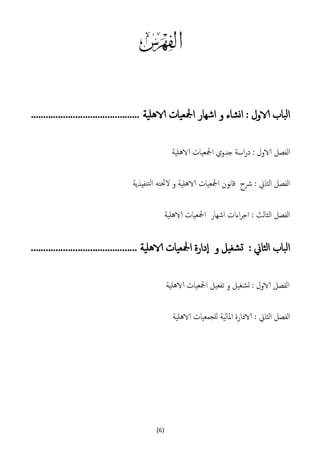 (6)
u
‫الاهلية‬ ‫امجلعيات‬ ‫اشهار‬ ‫و‬ ‫انشاء‬ : ‫الاول‬ ‫الباب‬............................................
‫ا‬‫الاهلية‬ ‫امجلعيات‬ ‫جدوي‬ ‫اسة‬‫ر‬‫د‬ : ‫الاول‬ ‫لفصل‬
: ‫لثاين‬‫ا‬ ‫لفصل‬‫ا‬‫رشح‬‫الاهلية‬ ‫امجلعيات‬ ‫نون‬‫ا‬‫ق‬‫نفيذية‬‫لت‬‫ا‬ ‫الحئته‬ ‫و‬
‫ا‬ ‫اءات‬‫ر‬‫اج‬ : ‫لث‬‫ا‬‫لث‬‫ا‬ ‫لفصل‬‫ا‬‫شهار‬‫الاهلية‬ ‫امجلعيات‬
‫دارة‬‫ا‬ ‫و‬ ‫شغيل‬‫ت‬ : ‫الثاين‬ ‫الباب‬‫الاهلية‬ ‫امجلعيات‬...........................................
‫الاهلية‬ ‫امجلعيات‬ ‫تفعيل‬ ‫و‬ ‫شغيل‬‫ت‬ : ‫الاول‬ ‫لفصل‬‫ا‬
‫لفصل‬‫ا‬‫للج‬ ‫لية‬‫ا‬‫امل‬ ‫الادارة‬ : ‫لثاين‬‫ا‬‫مع‬‫الاهلية‬ ‫يات‬
 