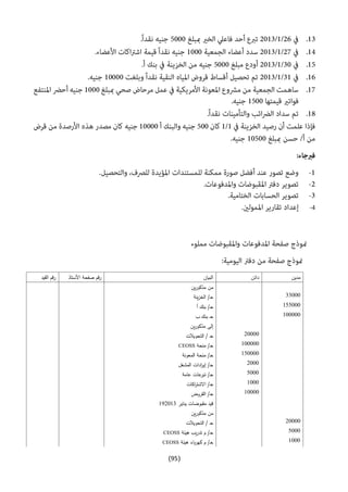 (95)
2-.
‫مدين‬‫دائن‬‫البيان‬‫األستاذ‬ ‫صفحة‬ ‫رقم‬‫القيد‬ ‫رقم‬
‫ين‬‫ر‬‫مذكو‬ ‫من‬
00333‫ينة‬‫ز‬‫الخ‬ /‫ـ‬‫ح‬
000333‫أ‬ ‫بنك‬ /‫ـ‬‫ح‬
033333‫ب‬ ‫بنك‬ ‫ـ‬‫ح‬
‫إلى‬‫ين‬‫ر‬‫مذكو‬
03333‫التحويالت‬ / ‫ـ‬‫ح‬
033333‫منحة‬ /‫ـ‬‫ح‬CEOSS
003333‫المعونة‬ ‫منحة‬ /‫ـ‬‫ح‬
0333‫المشغل‬ ‫ادات‬‫ر‬‫إي‬ /‫ـ‬‫ح‬
0333‫عامة‬ ‫عات‬‫تبر‬ /‫ـ‬‫ح‬
0333‫اكات‬‫ر‬‫االشت‬ /‫ـ‬‫ح‬
03333‫القروض‬ /‫ـ‬‫ح‬
‫يناير‬ ‫مقبوضات‬ ‫قيد‬010300
‫ين‬‫ر‬‫مذكو‬ ‫من‬
03333‫التحويالت‬ / ‫ـ‬‫ح‬
0333‫هيئة‬ ‫يب‬‫ر‬‫تد‬ ‫م‬ /‫ـ‬‫ح‬CEOSS
0333‫هيئة‬ ‫باء‬‫ر‬‫كه‬ ‫م‬ /‫ـ‬‫ح‬CEOSS
 