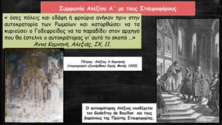Συμφωνία Αλεξίου Α΄ με τους Σταυροφόρους
« όσες πόλεις και εδάφη ή φρούρια ανήκαν πριν στην
αυτοκρατορία των Ρωμαίων και κατορθώσει να τα
κυριεύσει ο Γοδεφρείδος να τα παραδίδει στον αρχηγό
που θα έστελνε ο αυτοκράτορας γι’ αυτό το σκοπό …»
Άννα Κομνηνή, Αλεξιάς, ΙΧ, 11.
O αυτοκράτορας Αλέξιος υποδέχεται
τον Godefroy de Bouillon και τους
βαρώνους της Πρώτης Σταυροφορίας.
Πάτμος: Αλέξιος Α Κομνηνός
(τοιχογραφία εξωνάρθηκα Ιεράς Μονής 1920).
 