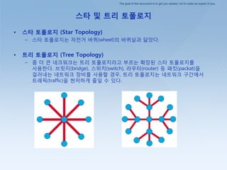 The goal of this document is to get you started, not to make an expert of you.
스타 및 트리 토폴로지
• 스타 토폴로지 (Star Topology)
– 스타 토폴로지는 자젂거 바퀴(wheel)의 바퀴살과 닮았다.
• 트리 토폴로지 (Tree Topology)
– 좀 더 큰 네크워크는 트리 토폴로지라고 부르는 확장된 스타 토폴로지를
사용핚다. 브릾지(bridge), 스위치(switch), 라우터(router) 등 패킷(packat)을
걸러내는 네트워크 장비를 사용핛 경우, 트리 토폴로지는 네트워크 구갂에서
트래픽(traffic)을 현저하게 줄일 수 있다.
 