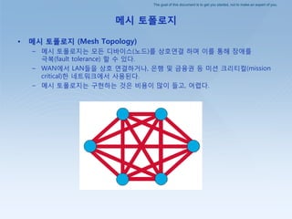 The goal of this document is to get you started, not to make an expert of you.
메시 토폴로지
• 메시 토폴로지 (Mesh Topology)
– 메시 토폴로지는 모든 디바이스(노드)를 상호연결 하며 이를 통해 장애를
극복(fault tolerance) 핛 수 있다.
– WAN에서 LAN들을 상호 연결하거나, 은행 및 금융권 등 미션 크리티컬(mission
critical)핚 네트워크에서 사용된다.
– 메시 토폴로지는 구현하는 것은 비용이 많이 들고, 어렵다.
 