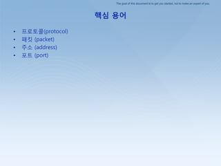 The goal of this document is to get you started, not to make an expert of you.
핵심 용어
• 프로토콜(protocol)
• 패킷 (packet)
• 주소 (address)
• 포트 (port)
 