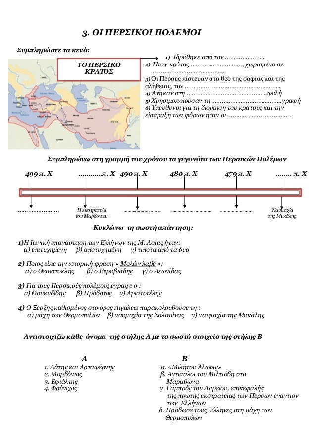 3. ÎŸÎ™ Î Î•Î¡Î£Î™ÎšÎŸÎ™ Î ÎŸÎ›Î•ÎœÎŸÎ™
Î£Ï…Î¼Ï€Î»Î·ÏÏŽÏƒÏ„Îµ Ï„Î± ÎºÎµÎ½Î¬:
1) Î™Î´ÏÏÎ¸Î·ÎºÎµ Î±Ï€ÏŒ Ï„Î¿Î½ â€¦â€¦â€¦â€¦â€¦â€¦â€¦..
2) Î‰Ï„Î±Î½ ÎºÏÎ¬Ï„Î¿Ï‚ â€¦â€¦â€¦â€¦â€¦â€¦â€¦â€¦â€¦â€¦, Ï‡Ï‰ÏÎ¹ÏƒÎ¼Î­Î½Î¿ ÏƒÎµ
â€¦â€¦â€¦â€¦â€¦â€¦â€¦â€¦...