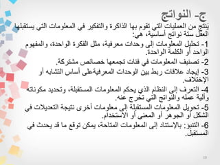19
‫ٌستقبلها‬ ً‫الت‬ ‫المعلومات‬ ً‫ف‬ ‫والتفكٌر‬ ‫الذاكرة‬ ‫بها‬ ‫تقوم‬ ً‫الت‬ ‫العملٌات‬ ‫من‬ ‫نتج‬ٌَ
ً‫ه‬ ،‫أساسٌة‬ ‫نواتج‬ ‫ستة‬ ‫العقل‬:
1-‫والمفهوم‬ ،‫الواحدة‬ ‫الفكرة‬ ‫مثل‬ ،‫معرفٌة‬ ‫وحدات‬ ‫إلى‬ ‫المعلومات‬ ‫تحلٌل‬
‫الواحدة‬ ‫الكلمة‬ ‫أو‬ ‫الواحد‬.
2-‫مشتركة‬ ‫خصائص‬ ‫تجمعها‬ ‫فئات‬ ً‫ف‬ ‫المعلومات‬ ‫تصنٌف‬.
3-‫أو‬ ‫التشابه‬ ‫أساس‬ ‫المعرفٌةعلى‬ ‫الوحدات‬ ‫بٌن‬ ‫ربط‬ ‫عالقات‬ ‫إٌجاد‬
‫اإلختالف‬.
4-‫مكوناته‬ ‫وتحدٌد‬ ،‫المستقبلة‬ ‫المعلومات‬ ‫ٌحكم‬ ‫الذي‬ ‫النظام‬ ‫إلى‬ ‫التعرف‬
‫عنه‬ ‫تخرج‬ ً‫الت‬ ‫والنواتج‬ ‫عمله‬ ‫وألٌة‬.
5-ً‫ف‬ ‫التعدٌالت‬ ‫نتٌجة‬ ‫أخرى‬ ‫معلومات‬ ‫إلى‬ ‫المستقبلة‬ ‫المعلومات‬ ‫تحوٌل‬
‫االستخدام‬ ‫أو‬ ‫المعنى‬ ‫أو‬ ‫الجوهر‬ ‫أو‬ ‫الشكل‬.
6-‫التنبؤ‬:ً‫ف‬ ‫ٌحدث‬ ‫قد‬ ‫ما‬ ‫توقع‬ ‫ٌمكن‬ ،‫المتاحة‬ ‫المعلومات‬ ‫إلى‬ ‫باإلستناد‬
‫المستقبل‬.
 
