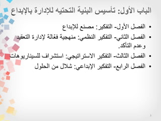 3
•‫األول‬ ‫الفصل‬-‫التفكٌر‬:‫لإلبداع‬ ‫مصنع‬
•ً‫الثان‬ ‫الفصل‬-ً‫النظم‬ ‫التفكٌر‬:‫التعقٌد‬ ‫إلدارة‬ ‫ّالة‬‫ع‬‫ف‬ ‫منهجٌة‬
‫التأكد‬ ‫وعدم‬.
•‫الثالث‬ ‫الفصل‬-ً‫االستراتٌج‬ ‫التفكٌر‬:‫للسٌنارٌوهات‬ ‫استشراف‬
•‫الرابع‬ ‫الفصل‬-ً‫اإلبداع‬ ‫التفكٌر‬:‫الحلول‬ ‫من‬ ‫شالل‬
 
