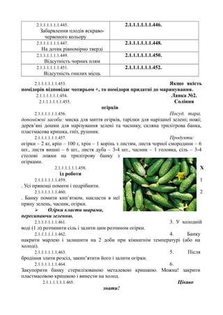 2.1.1.1.1.1.1.445.
Забарвлення плодів яскраво-
червоного кольору
2.1.1.1.1.1.1.446.
2.1.1.1.1.1.1.447.
На дотик рівномірно тверді
2.1.1.1.1.1.1.448.
2.1.1.1.1.1.1.449.
Відсутність чорних плям
2.1.1.1.1.1.1.450.
2.1.1.1.1.1.1.451.
Відсутність гнилих місць
2.1.1.1.1.1.1.452.
2.1.1.1.1.1.1.453. Якщо якість
помідорів відповідає чотирьом +, то помідори придатні до маринування.
2.1.1.1.1.1.1.454. Ланка №2.
2.1.1.1.1.1.1.455. Соління
огірків
2.1.1.1.1.1.1.456. Посуд, тара,
допоміжні засоби: миска для миття огірків, тарілки для нарізаної зелені; ножі;
дерев’яні дошки для нарізування зелені та часнику, скляна трилітрова банка,
пластмасова кришка, гніт, рушник.
2.1.1.1.1.1.1.457. Продукти:
огірки – 2 кг, кріп – 100 г, хрін – 1 корінь з листям, листя чорної смородини – 6
шт., листя вишні – 6 шт., листя дуба – 3-4 шт., часник – 1 головка, сіль – 3-4
столові ложки на трилітрову банку з
огірками.
2.1.1.1.1.1.1.458. Х
ід роботи
2.1.1.1.1.1.1.459. 1
. Усі прянощі помити і подрібнити.
2.1.1.1.1.1.1.460. 2
. Банку помити кип’ятком, накласти в неї
пряну зелень, часник, огірки.
 Огірки класти шарами,
пересипаючи зеленню.
2.1.1.1.1.1.1.461. 3. У холодній
воді (1 л) розчинити сіль і залити цим розчином огірки.
2.1.1.1.1.1.1.462. 4. Банку
накрити марлею і залишити на 2 доби при кімнатнім температурі (або на
холоді).
2.1.1.1.1.1.1.463. 5. Після
бродіння злити розсіл, закип’ятити його і залити огірки.
2.1.1.1.1.1.1.464. 6.
Закупорити банку стерилізованою металевою кришкою. Можна! закрити
пластмасовою кришкою і винести на холод.
2.1.1.1.1.1.1.465. Цікаво
знати!
 
