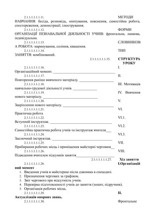 2.1.1.1.1.1.1.11. МЕТОДИ
НАВЧАННЯ: бесіда, розповідь, опитування, пояснення, самостійна робота,
спостереження, демонстрації, ілюстрування.
2.1.1.1.1.1.1.12. ФОРМИ
ОРГАНІЗАЦІЇ ПІЗНАВАЛЬНОЇ ДІЯЛЬНОСТІ УЧНІВ: фронтальна, ланкова,
індивідуальна.
2.1.1.1.1.1.1.13. СЛОВНИКОВ
А РОБОТА: маринування, соління, квашення.
2.1.1.1.1.1.1.14. ТИП
ЗАНЯТТЯ: комбінований.
2.1.1.1.1.1.1.15. СТРУКТУРА
УРОКУ
2.1.1.1.1.1.1.16. I.
Організаційний момент. __________________________________
2.1.1.1.1.1.1.17. II.
Повторення раніше вивченого матеріалу. ___________________
2.1.1.1.1.1.1.18. III. Мотивація
навчально-трудової діяльності учнів. _____________
2.1.1.1.1.1.1.19. IV. Вивчення
нового матеріалу. ______________________________
2.1.1.1.1.1.1.20. V.
Закріплення нового матеріалу. ____________________________
2.1.1.1.1.1.1.21. VI.
Практична робота
2.1.1.1.1.1.1.22. VI.1.
Вступний інструктаж. __________________________________
2.1.1.1.1.1.1.23. VI.2.
Самостійна практична робота учнів та інструктаж вчителя___
2.1.1.1.1.1.1.24. VI.3.
Заключний інструктаж. _________________________________
2.1.1.1.1.1.1.25. VII.
Прибирання робочих місць і приміщення майстерні черговим__
2.1.1.1.1.1.1.26. VIII.
Підведення вчителем підсумків заняття_____________________
2.1.1.1.1.1.1.27. Хід заняття
2.1.1.1.1.1.1.28. І.Організацій
ний момент
1. Введення учнів в майстерню після дзвоника в спецодязі.
2. Призначення чергових за графіком.
3. Звіт чергового про відсутність учнів.
4. Перевірка підготовленості учнів до заняття (зошит, підручник).
5. Організація робочих місць.
2.1.1.1.1.1.1.29. ІІ.
Актуалізація опорних знань.
2.1.1.1.1.1.1.30. Фронтальне
 