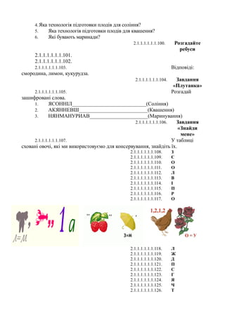 4.Яка технологія підготовки плодів для соління?
5. Яка технологія підготовки плодів для квашення?
6. Які бувають маринади?
2.1.1.1.1.1.1.100. Розгадайте
ребуси
2.1.1.1.1.1.1.101.
2.1.1.1.1.1.1.102.
2.1.1.1.1.1.1.103. Відповіді:
смородина, лимон, кукурудза.
2.1.1.1.1.1.1.104. Завдання
«Плутанка»
2.1.1.1.1.1.1.105. Розгадай
зашифровані слова.
1. ЯСОННІЛ____________________________(Соління)
2. АКЯННЕВШ__________________________(Квашення)
3. НЯНМАНУРИАВ______________________(Маринування)
2.1.1.1.1.1.1.106. Завдання
«Знайди
мене»
2.1.1.1.1.1.1.107. У таблиці
сховані овочі, які ми використовуємо для консервування, знайдіть їх.
2.1.1.1.1.1.1.108. З
2.1.1.1.1.1.1.109. Є
2.1.1.1.1.1.1.110. О
2.1.1.1.1.1.1.111. О
2.1.1.1.1.1.1.112. Л
2.1.1.1.1.1.1.113. В
2.1.1.1.1.1.1.114. І
2.1.1.1.1.1.1.115. П
2.1.1.1.1.1.1.116. Р
2.1.1.1.1.1.1.117. О
2.1.1.1.1.1.1.118. Л
2.1.1.1.1.1.1.119. Ж
2.1.1.1.1.1.1.120. Д
2.1.1.1.1.1.1.121. П
2.1.1.1.1.1.1.122. С
2.1.1.1.1.1.1.123. Г
2.1.1.1.1.1.1.124. Я
2.1.1.1.1.1.1.125. Ч
2.1.1.1.1.1.1.126. Т
 