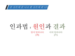 콩 심은데 콩 나고 팥 심은데 팥 난다.
인과법 : 원인과 결과
앞서 일어나다
(좌)
이어 일어나다
(우)
 