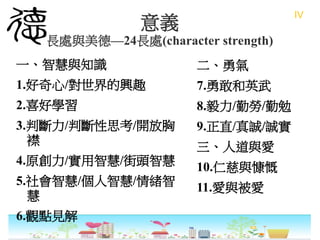 意義
長處與美德—24長處(character strength)
一、智慧與知識
1.好奇心/對世界的興趣
2.喜好學習
3.判斷力/判斷性思考/開放胸
襟
4.原創力/實用智慧/街頭智慧
5.社會智慧/個人智慧/情緒智
慧
6.觀點見解
二、勇氣
7.勇敢和英武
8.毅力/勤勞/勤勉
9.正直/真誠/誠實
三、人道與愛
10.仁慈與慷慨
11.愛與被愛
IV
 