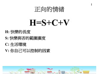 正向的情緒
H=S+C+V
H: 快樂的長度
S: 快樂與否的範圍廣度
C: 生活環境
V: 你自己可以控制的因素
I
 