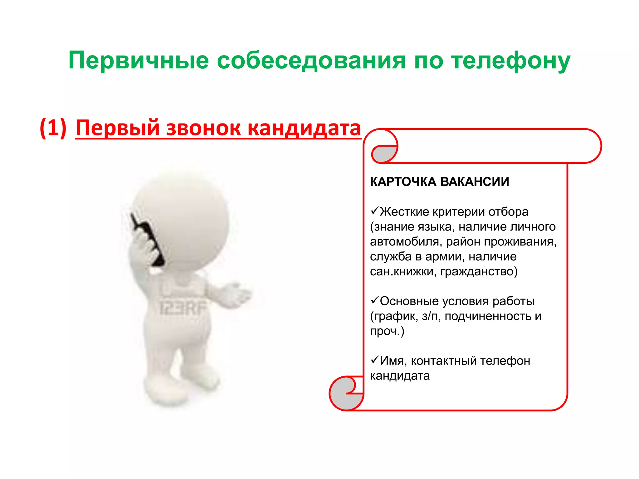 Первичные собеседования по телефону
(1) Первый звонок кандидата
КАРТОЧКА ВАКАНСИИ
Жесткие критерии отбора
(знание языка, наличие личного
автомобиля, район проживания,
служба в армии, наличие
сан.книжки, гражданство)
Основные условия работы
(график, з/п, подчиненность и
проч.)
Имя, контактный телефон
кандидата
 