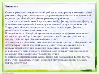Висновок
Отже, в результаті систематичної роботи по сенсорному вихованню дітей
раннього віку у них виявляється сформованими вміння та навички, які
свідчать про відповідний рівень розвитку сприйняття:
1. діти успішно виділяють і враховують колір, форму, величину, фактуру
й інші ознаки предметів і явищ при виконанні ряду практичних дій;
2. групують відповідно до зразка предмети за кольором, формою,
розміром та іншими властивостями;
3. співвідносять різнорідні предмети за кольором, формою, величиною,
фактурою при виборі з чотирьох різновидів (або чотири різновиди
кольору, або чотири різновиди форми і т.п.);
4. дізнаються в різноманітних колірних плямах предмети або явища, що
мають характерний колірний ознак (сніг, трава, апельсин і т.п.), в
плямах різної величини ведмедя і ведмедика, кішку і кошеня;
5. позначають різні предмети відповідно до їх характерних сенсорних
ознак: ліс, море, сонце, листя, вогники і т.п .;
6. активно використовують слова- назви для позначення форми (цегла,
м'яч, куля, дах, яйце, огірок), кольори ( як трава, апельсин, помідор,
курча, небо та ін.);
 