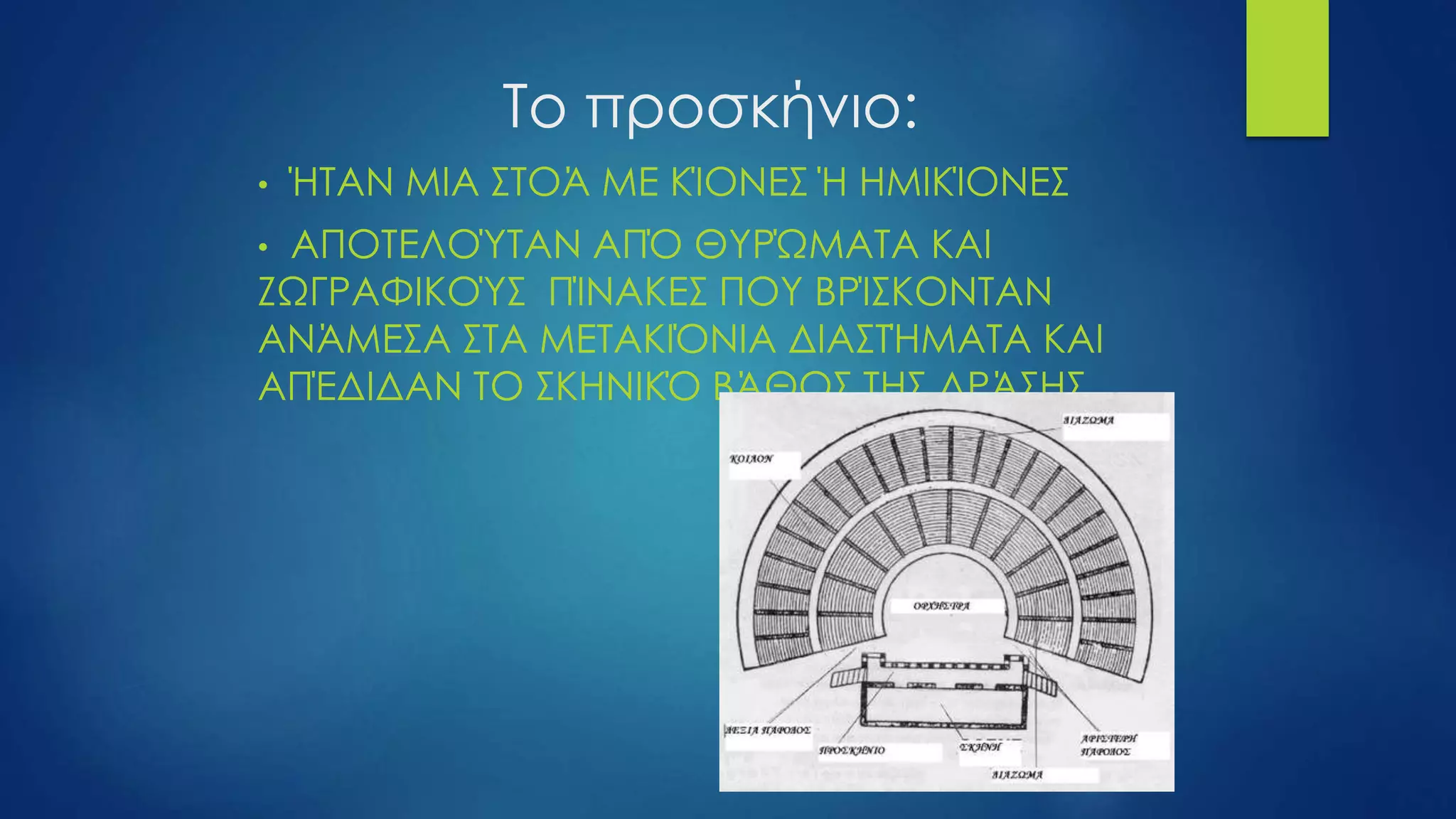 Το προσκήνιο:
• ΉΤΑΝ ΜΙΑ ΣΤΟΆ ΜΕ ΚΊΟΝΕΣ Ή ΗΜΙΚΊΟΝΕΣ
• ΑΠΟΤΕΛΟΎΤΑΝ ΑΠΌ ΘΥΡΏΜΑΤΑ ΚΑΙ
ΖΩΓΡΑΦΙΚΟΎΣ ΠΊΝΑΚΕΣ ΠΟΥ ΒΡΊΣΚΟΝΤΑΝ
ΑΝΆΜΕΣΑ ΣΤΑ ΜΕΤΑΚΙΌΝΙΑ ΔΙΑΣΤΉΜΑΤΑ ΚΑΙ
ΑΠΈΔΙΔΑΝ ΤΟ ΣΚΗΝΙΚΌ ΒΆΘΟΣ ΤΗΣ ΔΡΆΣΗΣ
 