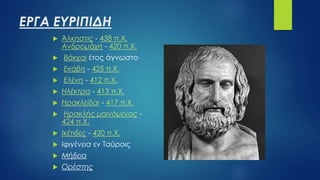 ΕΡΓΑ ΕΥΡΙΠΙΔΗ
 Άλκηστις - 438 π.Χ.
Ανδρομάχη - 420 π.Χ.
 Βάκχαι έτος άγνωστο
 Εκάβη - 425 π.Χ.
 Ελένη - 412 π.Χ.
 Ηλέκτρα - 413 π.Χ.
 Ηρακλείδαι - 417 π.Χ.
 Ηρακλής μαινόμενος -
424 π.Χ.
 Ικέτιδες - 420 π.Χ.
 Ιφιγένεια εν Ταύροις
 Μήδεια
 Ορέστης
 
