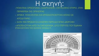 Η σκηνή:• ΉΤΑΝ ΈΝΑ ΟΡΘΟΓΏΝΙΟ, ΜΑΚΡΌΣΤΕΝΟ, ΣΤΕΓΑΣΜΈΝΟ ΚΤΉΡΙΟ, ΣΤΗΝ
ΠΕΡΙΦΈΡΕΙΑ ΤΗΣ ΟΡΧΉΣΤΡΑΣ
• ΑΡΧΙΚΆ ΉΤΑΝ ΙΣΌΓΕΙΑ ΚΑΙ ΧΡΗΣΙΜΟΠΟΙΟΎΤΑΝ ΜΌΝΟ ΩΣ
ΑΠΟΔΥΤΉΡΙΟ
• ΚΑΤΆ ΤΗΝ ΠΡΏΙΜΗ ΕΛΛΗΝΙΣΤΙΚΉ ΠΕΡΊΟΔΟ ΈΓΙΝΕ ΔΙΏΡΟΦΗ
• ΑΠΟΤΕΛΟΎΤΑΝ ΑΠΌ ΤΑ ΠΑΡΑΣΚΉΝΙΑ, ΔΎΟ ΠΤΈΡΥΓΕΣ ΠΟΥ ΈΔΙΝΑΝ
ΣΤΗΝ ΚΆΤΟΨΗ ΤΗΣ ΣΚΗΝΉΣ ΣΧΉΜΑ Π.
 