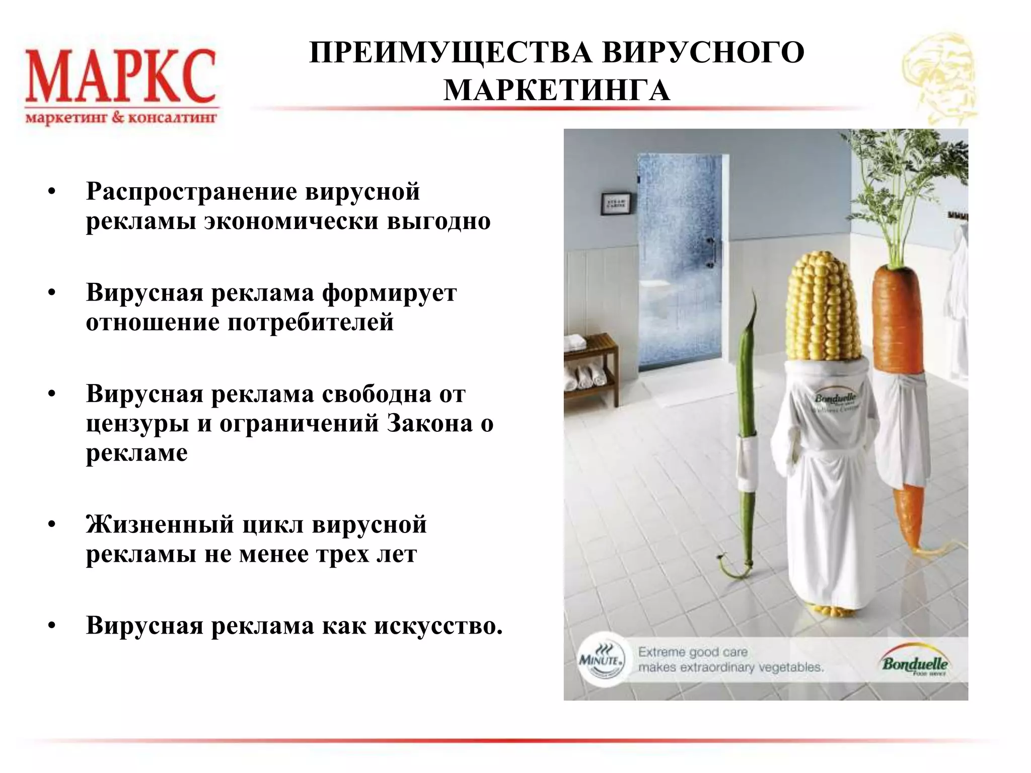 ПРЕИМУЩЕСТВА ВИРУСНОГО
МАРКЕТИНГА
• Распространение вирусной
рекламы экономически выгодно
• Вирусная реклама формирует
отношение потребителей
• Вирусная реклама свободна от
цензуры и ограничений Закона о
рекламе
• Жизненный цикл вирусной
рекламы не менее трех лет
• Вирусная реклама как искусство.
 