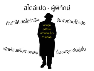 สไตล์แปด - ผู้พิทักษ์
รับฟังก่อนโต้แย้ง
พักผ่อนเพื่อเติมพลัง
ทำตัวให้ สดใสร่าเริง
ชื่นชมจุดเด่นผู้อื่น
ควบคุม
ยุติธรรม
ความอ่อนไหว
การแก้แค้น
 