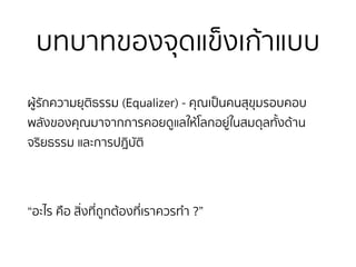 บทบาทของจุดแข็งเก้าแบบ
ผู้รักความยุติธรรม (Equalizer) - คุณเป็นคนสุขุมรอบคอบ
พลังของคุณมาจากการคอยดูแลให้โลกอยู่ในสมดุลทั้งด้าน
จริยธรรม และการปฎิบัติ
“อะไร คือ สิ่งที่ถูกต้องที่เราควรทำ ?”
 