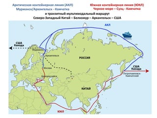 Арктическая контейнерная линия (АКЛ)
Мурманск/Архангельск - Камчатка
Южная контейнерная линия (ЮКЛ)
Черное море – Суэц - Камчатка
и транзитный мультимодальный маршрут
Северо-Западный Китай – Белкомур – Архангельск – США
 