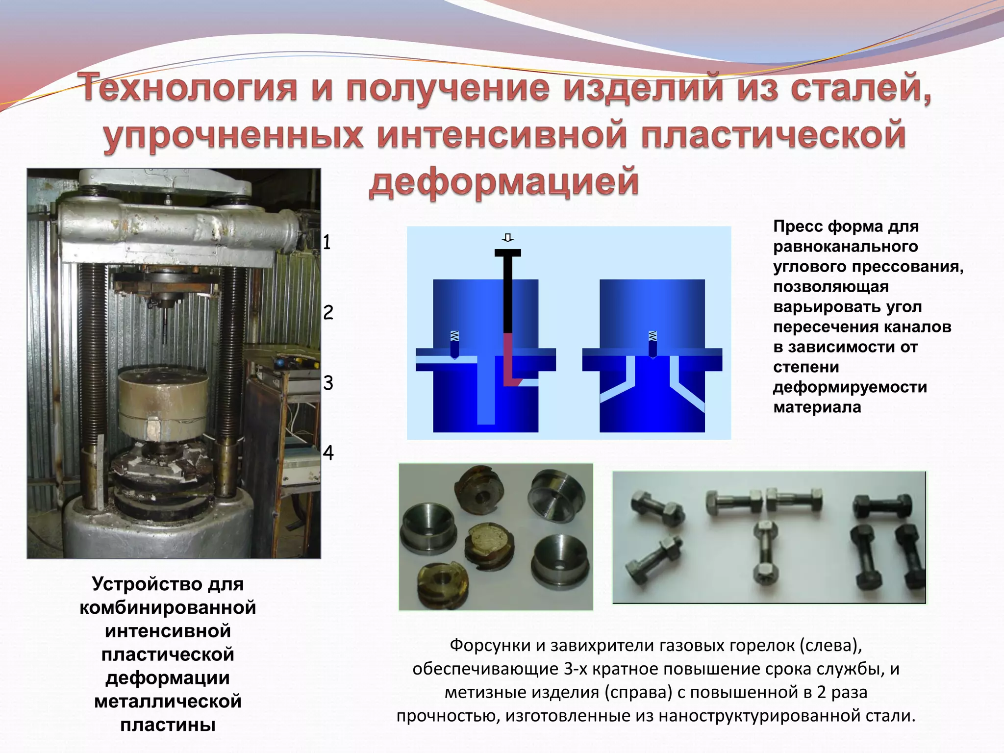 Устройство для
комбинированной
интенсивной
пластической
деформации
металлической
пластины
Форсунки и завихрители газовых горелок (слева),
обеспечивающие 3-х кратное повышение срока службы, и
метизные изделия (справа) с повышенной в 2 раза
прочностью, изготовленные из наноструктурированной стали.
Пресс форма для
равноканального
углового прессования,
позволяющая
варьировать угол
пересечения каналов
в зависимости от
степени
деформируемости
материала

1
2
3
4
 