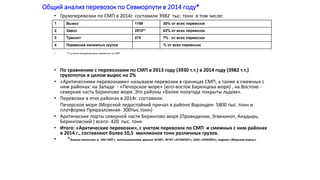 Общий анализ перевозок по Севморпути в 2014 году*
• Грузоперевозки по СМП в 2014г. составили 3982 тыс. тонн в том числе:
• **с учетом междупортовых перевозок по СМП
• По сравнению с перевозками по СМП в 2013 году (3930 т.т.) в 2014 году (3982 т.т.)
грузопоток в целом вырос на 2%
• «Арктическими перевозками» называем перевозки в границах СМП, а также в смежных с
ним районах: на Западе - «Печорское море» (юго-восток Баренцева моря) , на Востоке -
северная часть Берингово моря. Это районы «более полугода покрыты льдом».
• Перевозки в этих районах в 2014г. составили:
Печерское море (Морской ледостойкий причал в районе Варандея- 5800 тыс. тонн и
платформа Приразломная- 300тыс.тонн)
• Арктические порты северной части Берингово моря (Провидения, Эгвекинот, Анадырь,
Беринговский ) всего- 420 тыс. тонн
• Итого: «Арктические перевозки», с учетом перевозок по СМП и смежных с ним районах
в 2014 г., составляют более 10,5 миллионов тонн различных грузов.
• *Анализ выполнен ы НМ-СМП с использованием данных АСМП , ФГУП «АТОФЛОТ», ОАО «ЛУКОЙЛ», журнал «Морские порты»
1 Вывоз 1198 30% от всех перевозок
2 Завоз 2510** 63% от всех перевозок
3 Транзит 274 7% от всех перевозок
4 Перевозка наливных грузов % от всех перевозок
 