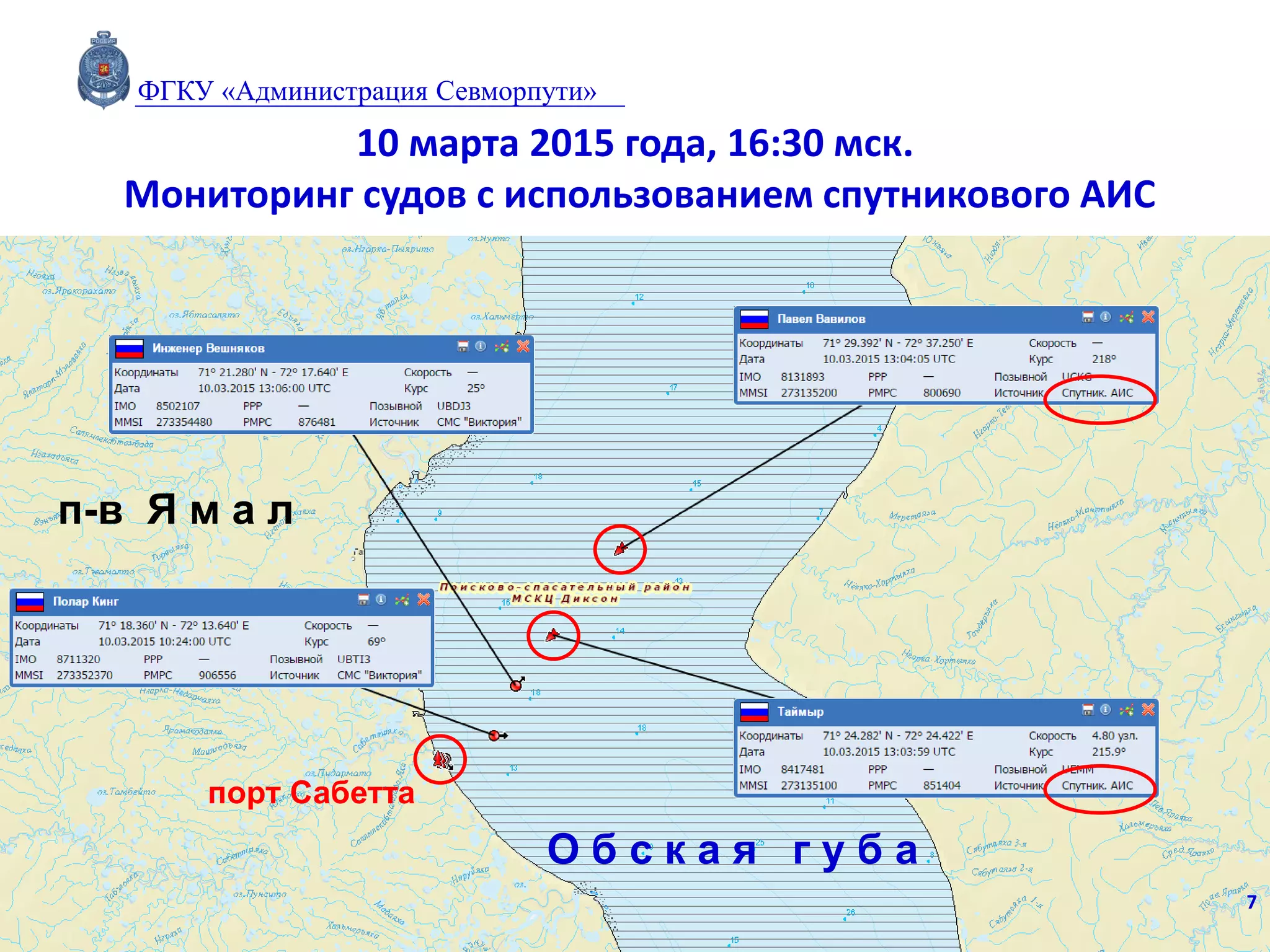 7
10 марта 2015 года, 16:30 мск.
Мониторинг судов с использованием спутникового АИС
ФГКУ «Администрация Севморпути»
порт Сабетта
О б с к а я г у б а
п-в Я м а л
 