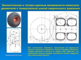 Экологические и тягово-сцепные возможности колесного
движителя с тонкослойной шиной сверхнизкого давления
При выполнении требуемых ограничений по радиальной
нагрузке контактный движитель вполне способен обеспечить
среднее давление в контакте на уровне 1500…1800 Н/м2, что
существенно меньше несущей способности любого торфяного
или сапропелевого болота.Пример реальной шины
 