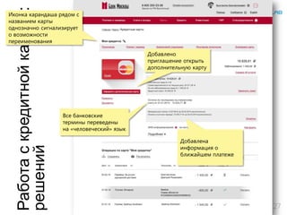 Работаскредитнойкартой:
решений
27
Иконка карандаша рядом с
названием карты
однозначно сигнализирует
о возможности
переименования
Все банковские
термины переведены
на «человеческий» язык
Добавлена
информация о
ближайшем платеже
Добавлено
приглашение открыть
дополнительную карту
 