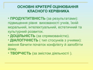 ОСНОВНІ КРИТЕРІЇ ОЦІНЮВАННЯ
КЛАСНОГО КЕРІВНИКА
• ПРОДУКТИТВНІСТЬ (за результатами):
підвищення рівня вихованості учнів, їхній
моральний, інтелектуальний, естетичний та
культурний розвиток.
• ДОЦІЛЬНІСТЬ (за спрямованістю).
• ДІАЛОГІЧНІСТЬ ( тип стосунків з учнями):
вміння бачити початок конфлікту й запобігти
йому.
• ТВОРЧІСТЬ (за змістом діяльності ).
 