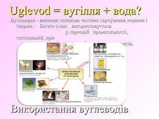 Вуглеводи -Вуглеводи - важлива складова частина харчування людини іважлива складова частина харчування людини і
тварин. Багато з них використовуєтьсятварин. Багато з них використовується
у харчовій промисловості,у харчовій промисловості,
текстильній, притекстильній, при
виготовленні клеїв та лікарських препаратів.виготовленні клеїв та лікарських препаратів.
Використання вуглеводівВикористання вуглеводів
UglevodUglevod == вугілля + вода?вугілля + вода?
 