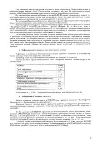 Vver duuancoBbrx pe3yJrbraroBBeAercf,pa3AeJrbHono Br{AaMAetreJlbHocrrr.O6uenpou:BoAcrBegHble14
o6rqexossftcrseHHlrepacxoAbrs OAO <Kouuynsnepro) yrLrrbrBarorc{ Ha cqerax 25 <O6urenpoI,I3BoAcrBeHHbIe
pacxo4br)ra26 <O6urexogsficrseHHbrepacxoAbr)coorBercrBeHHo,no MecraMQopuuponauafl,3arpur.
flpu pacnpe4eJreHrlr{pacxoAoB,co6paunrrx Ha cqerax 23, 25,26 cuaara pac[peAeJlrlrorct 3arparbl no
KturbKyrsqu{MHa corryTcrByroqr{eu npoque BuAbrAef,TeJrbHocrr4,a rroroM - rlo BI4AaMAe{TeJIbHOCTLT,K KOTOpbIM
orKpbrrbrcqera ocnoBHoronpol{3BoAcrBarroMeroAI,IKe,npuuxroft HanpeAnpu.,trl{Lr.
llpu cocrarneru.rH6yxranrepcxofi orqerHocru opraHr.{3aur,rf,orpa}Kaere 6yxralrepcxorrl 6alance cBep}ryr)'Io
cyMMyoTJrolKeHHoroHzuroroBoroaKTHBar{ oTJroxeHHoroHilIoroBoro o6rsarenbcrsa,
O6qecreoN{npuMerutrorcfinpaBlrJrar4crrpaBJreHr4roruu6or u nopsAoKpacKpblTlrtrzu$opltaunu o6 ouu6xax
n 6yxralrepcKoM yrere rr orqeruocrr{ ycraHoBJreHr{breflpuxa:orrr Mun$r.rua PO or 28.06.2010 r. J',1!63 tt.
Ourn6xanpr{3HaercrcyqecrBer{Hofi,ecrraoHaB orAeJrbHocrr{r,rJrr{B coBoKylHocrl{ c ApyrI{MuourLr6raura3aoAI,IHI4
Tor xe orqerrnrft leprroA cocraBJrrercyMMyno o[peAenenuofi crarre ortlerHocrl,I, orHoIrIeHI{exoropofi x o6uteuy
rrrory coorBercrByloull{x AaHHbIXsaor.{erlcrft roA cocraBnf,erHeueuee 9ol0.
flocreAcre14qrr3MeueHr{rryretroft rroJrtrrlrKr4,oKa3aBrrrueulu cnoco6rroleoKa3arbcytqecrBeHnoeBrr4;rHve
na tpnuancoeoerroJroxeulreopranrtaur{ra, Qltrauconbrepe3ynbrarbl ee Aesrenblrocrl4I4(uln) geuNeHl4eAeHexHbIX
cpeAcrB,orpaxarorc{ n 6lxranrepcrofi or.{eruocrrr perpocrreKTrlBHo,3a ucrurroqeHrleMcn)qaeB, KofAa oIIeHKaB
AeHexHoMBbrpaxeHr4r{TaKrrxnocJreAcrsr4fiB orHorrreHur4neplroAoB,npeAIxecrBoBaBIuID(orrlerHoMy, He Mo)I{er
6rrrr npou:reAega c Aocraroqnoft HaAexHocrblo.CyruecrneuHbrMBJITryIHI{eMB AeHexHoMBblpaxeHr{I4flpl{3Haerct
cyr{Ma, orHorueHuexoropoft x o6rqerrayHTory coorBercrByroru[x AaHHbIx:a or.IerHrrfi foA cocraBnser 6olee 5
npor{eHToB,
4. I{uQoprr.raquqrto Marepl,taJrbHo-trpot{3BoAcrBeHHbIM3anacaM
I,Iu$opuaqur rro Marepr{iulbHo-nporr3BoAcrBeHHbrM3a[acaM orpaxeHa B fiof,cHeHl4txx 6lxralrepcKoMy
6anaucyrl orqery o (prananconrrxpe3yJlbraraxs ra6nuue 4.
B 2014roAy pe3epB,rroAcHHXeHr{ecrorrMocrr{MareplruulbHblxUennocrel Heco3AaBaJlcf.
Ha roHerl or.rerHoro nepr{oAao6qas crorrMocrbcbrpbtrI{ MarepI{u}JIoBcocraBl4Jla- 95 648 mtc.py6., a rou
qI4CJIE IIO BI4,IIAM:
BnqM|I3 Cyurra4
mrc.py6.
Cupre r{ Marepr{€IJIbI 37091
OcuosrrrrecpeAcrBae cocrase MfI3 5 984
Tortlrrno 27',740
3anacrnrecactu t0 79'7
Mareplrarmr,[epeAaHHblen uepepa6orxyHacropoHy J
Crpouremrue MarepI{z}JIbI 2 188
l4rneHrapr u xo:sIcrseHlrble [pIrHaAJIexHocrlI 3 543
Cneuoaerx,ua14c[euocHacrxa 8302
tr4'roro 95 648
flo cocrornrro sa3l.l2.20l4 r. ruarepualbHo-npol{3BoAcrBeuHble3arlacblB3anoreHeql4cJltrc.fl.
5. Unqopruaunq rtoocHoBHbtMcpeAcrBaM
Harnue 14ABrD'KeHr{eocHoBHbrxcpeAcrBza2013-2014 roAbl orpaxeHbl B rIo{cHeHLIsxK 6yxralrepcrouy
6w:m;ucy14orqery o QIaHauconr,txpe3yJlbraraxs ra6rla{e 2.1.
Z:uenegue cror{Mocrn ocHoBHbrxcpeAcrBB pe3yJrbrare4ocrpofirn, 4oo6opyAooaul4rl,peKoHcrpyKqnuta
.{acrl,I.IuofiJIr4KBLrAarII4rrorpaxerrbrB rrof,cHeHrrf,xx 6yxralrepcrovy 6alaHcy Ir orr{gTyo $lllrauconr'tx pe3ynbraraxB
ra6tuue2.3.
6.1 llo cocrorHr,to lFia3l.l2.20l4 r. nepnonauurbHas.cror{MocrbocHoBIrbIXcpeAcrB,norry,u9111*,*B JII43I'IHr
cocrasrara 285 144 974 py6.llolyreHnue B Jrr{3r{Hro6opyAonaur.re,rpducuoprHble cpeAcrBaql4crtrctr ua 6alance
O6rqecrnaua $yxralrepcKoM cqere 01.03 s coorBercrBr{r{c ycJIoBI{rIMH3aKJIroqeHIIbIXAoroBopoBJII{3LIHra.Cyuua
Jrr{3r4HroBbrxrnareNefi rpaxuuecxu y[rarreHHas za 2014 foA cocraBl{Jla53 145 170 py6., cyMMarlpe{crotlrllrx
Jrrr3rHroBbrxrua.rexefi na 2015 rol - 61 486442 py6lx, Ao KoHIIaAeftcrnu-sAoroBopoB- 198373 857 py6'
Cronraoc6 ocHoBrrbrxcpeAcrBrepeAanHbrxB apeHAyIro cocroflHliro ua3l.l2.20l4 r. cocrasrler 8 452 620
py6., uo.ny.reHHbrxB apeHAyuo AoroBopau(vucrxqnxcfl,uaza6anaHcoBoMc'rere 001) 73 708 200 py6., nepeAaHHbIX
s o6ecueqeHlleKpeAI{rHbIXo6ssare;ttcre no sartorosoftcrollMocrl{ 631 035 719 py6.
 