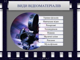 ВИДИ ВІДЕОМАТЕРІАЛІВ
Уривки фільмів
Навчальне відео
Репортажі
Тележурнали
Новини
Музичні кліпи
Реклами
Мультфільми
 