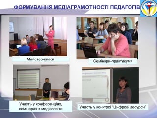 Майстер-класи
Семінари-практикуми
Участь у конференціях,
семінарах з медіаосвіти Участь у конкурсі “Цифрові ресурси”
ФОРМУВАННЯ МЕДІАГРАМОТНОСТІ ПЕДАГОГІВ
 