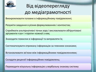 Від відеоперегляду
до медіаграмотності
Виокремлювати головне в інформаційному повідомленні;
Розуміти завдання в різних формулюваннях і контекстах;
Сприймати альтернативні точки зору і висловлювати обґрунтовані
аргументи «за» і «проти» кожної з них;
Знаходити помилки в інформації та виправляти їх;
Систематизувати отриману інформацію за певними ознаками;
Встановлювати зв'язки між інформаційними повідомленнями;
Складати рецензії інформаційних повідомлень;
Переводити візуальну інформацію у вербальну знакову систему
 