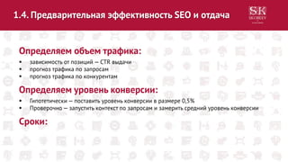 1.4. Предварительная эффективность SEO и отдача
Определяем объем трафика:
 зависимость от позиций — CTR выдачи
 прогноз трафика по запросам
 прогноз трафика по конкурентам
Определяем уровень конверсии:
 Гипотетически — поставить уровень конверсии в размере 0,5%
 Проверочно — запустить контекст по запросам и замерить средний уровень конверсии
Сроки:
 